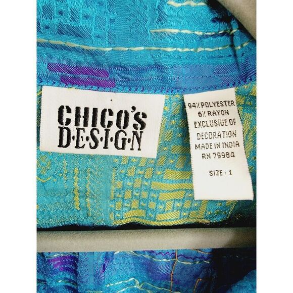 Chico's Design 1 Blouse Size Med. Button-Up Beaded Sequin Aqua 3/4 Slv. Vintage - Picture 3 of 8